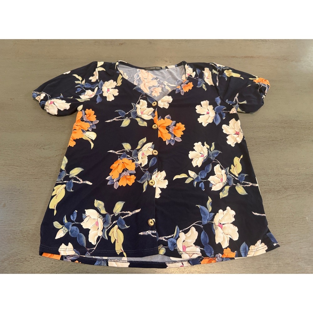 West Kei Women Navy Blue Floral Button Front Short Sleeve Blouse Top Small